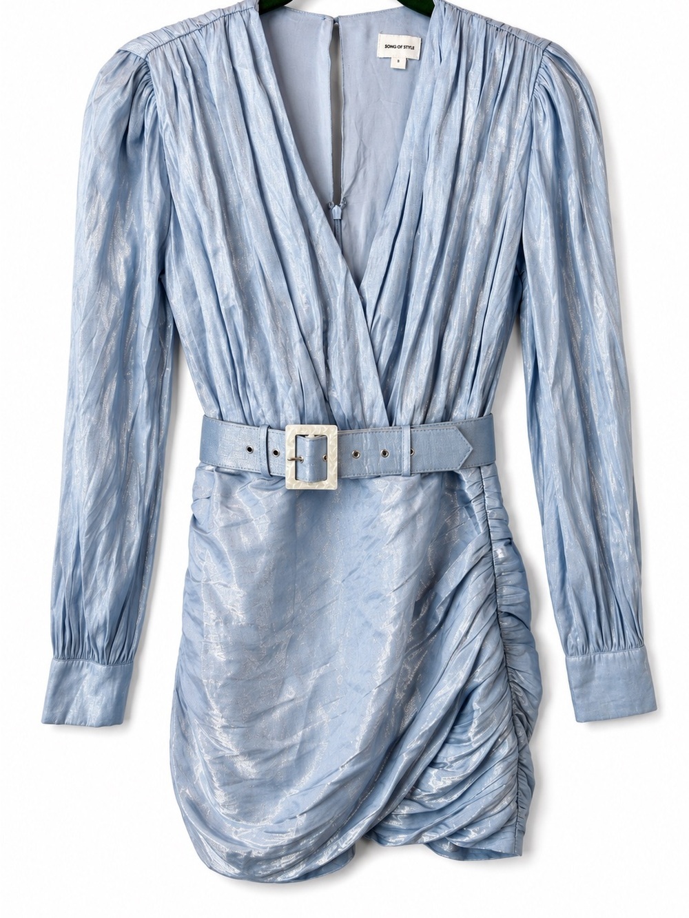 Song of Style Metallic Ice Blue Belted Ruched Mini Cocktail Dress Size Small